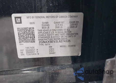 2020 Chevrolet Equinox Awd Ls из США, поврежденный, VIN 2GNAXSEV2L6274335